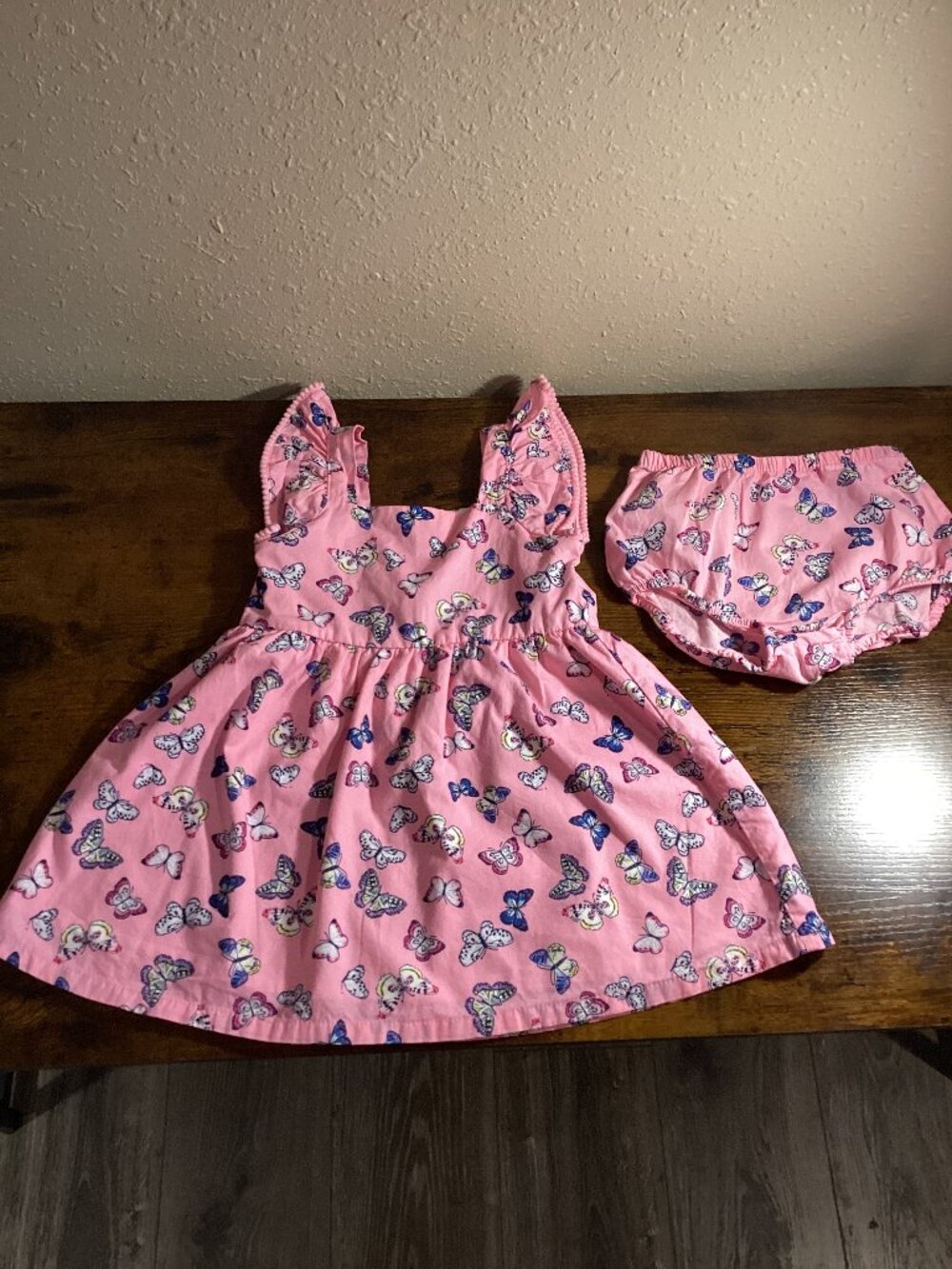Girls Pink Butterfly Print Dress & Bloomer Set Ruffle Sleeves